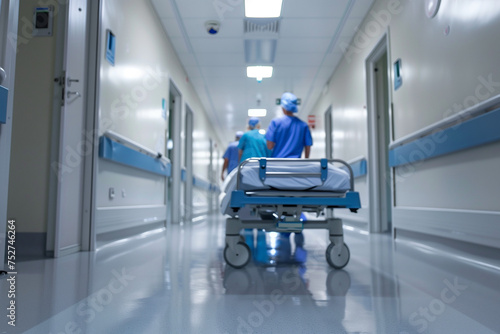 Hospital corridor with doctors and nurses pushing a gurney 