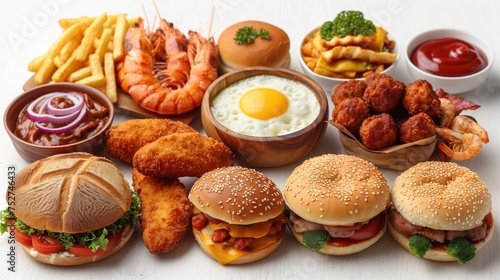 Fast food collection. Isolated on white background. Fried chicken, french fries, pizza, sandwich, chicken nuggets, etc. Junk food, fast food.