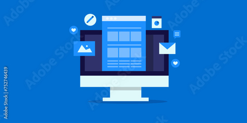 Blog post creation, social media content promotion newsletter email subscription conceptual digital marketing solution for e-business vector illustration.