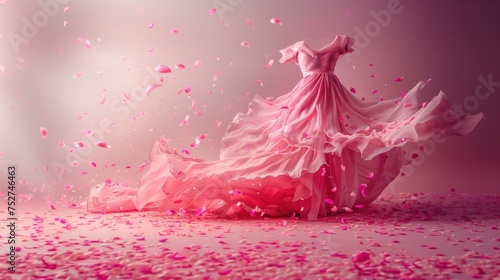 A pink dress floating in the air with flowers and petals floating around on a clean background. The concept has the scent of fabric softener. photo