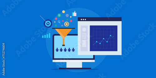 Conversion data on dashboard screen, sales funnel optimization, online audience targeting and customer data collection software solution business technology vector illustration.