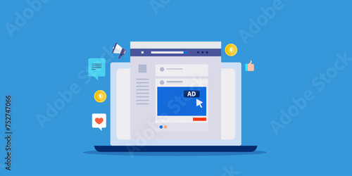 Sponsored advertising on social media to reach audience, increase engagement and conversion, business promotion digital ad strategy, vector illustration concept.