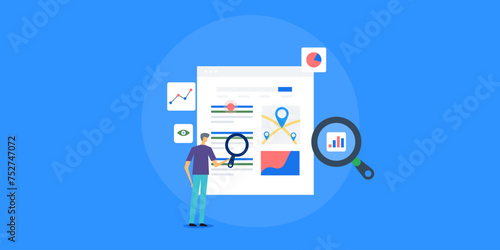 Businessman examine web analytics SEO report on dashboard, optimization monitoring, search ranking performance data vector illustration concept.