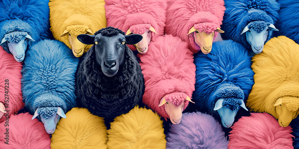 The blak sheep on colorful background. An optimistic concept. - obrazy, fototapety, plakaty 