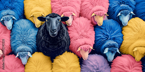 The blak sheep on colorful background. An optimistic concept.