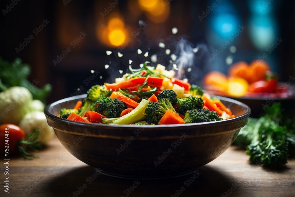 Capturing the essence of comfort food, this steamy bowl of stir-fried vegetables is both appetizing and inviting - obrazy, fototapety, plakaty 