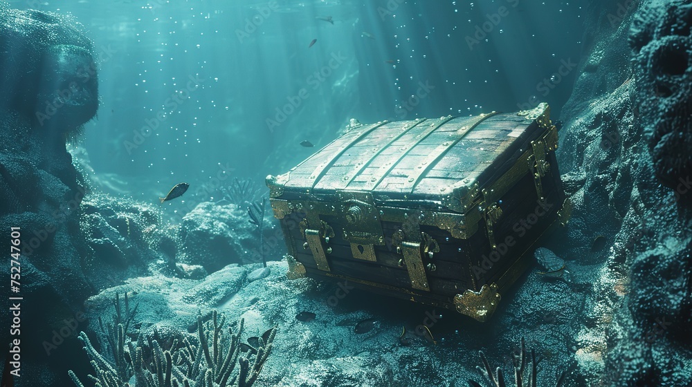 Treasure chest underwater in ocean. Generative Ai  High Quality Image - obrazy, fototapety, plakaty 