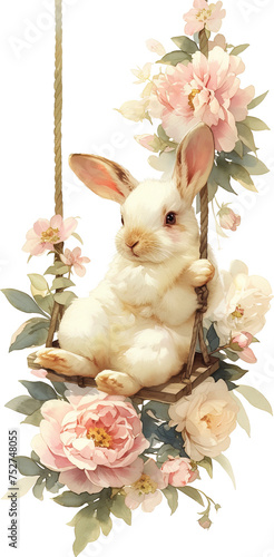 Rabbit sitting on flower swing isolated on transparent background. PNG