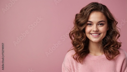 Radiant young woman with curly hair smiling against a soft pink background, embodying freshness and youth