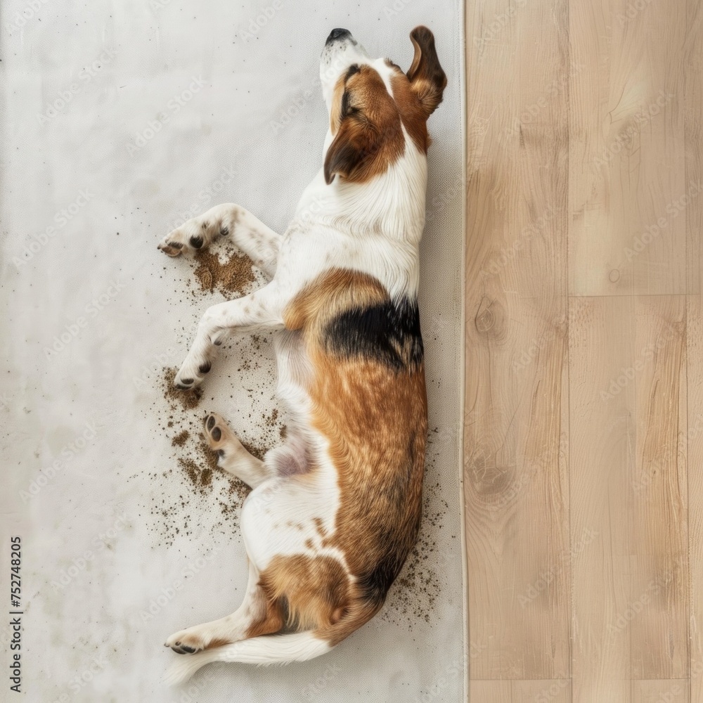 Dog lying on a mat next to a wooden floor, with scattered dirt around its paws.