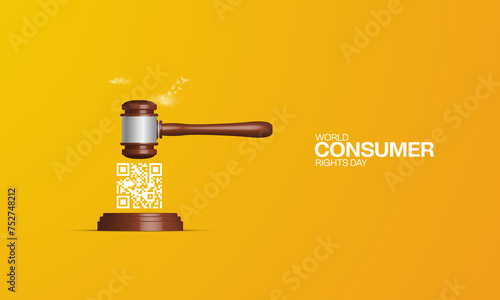 World Consumer Rights Day, Judge hummer whit QR cod, consumer right day creative design for social media banner, poster, vector illustration. photo