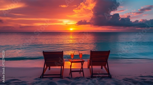 Romantic Beach Chairs with Sunset Ocean View © SavinArt