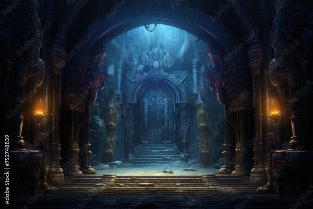 Mysterious portal, halloween magic door in the dark forest.