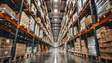 Warehouse of modern logistics with rows of tall shelves full of boxes and products,Huge distribution warehouse.Generative Ai. Pro Photo