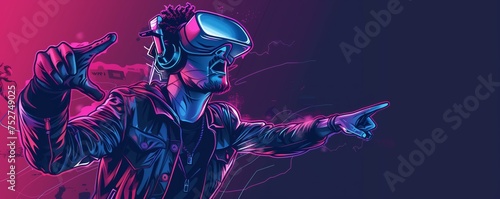 An illustration of a cool young creative person wearing a virtual reality headset VR goggles playing games, entertainment. Digital technology metaverse of the future. Banner  format. Generative AI photo