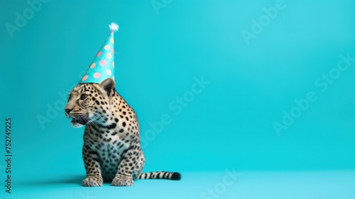 Funny leopard with birthday party hat on blue background.