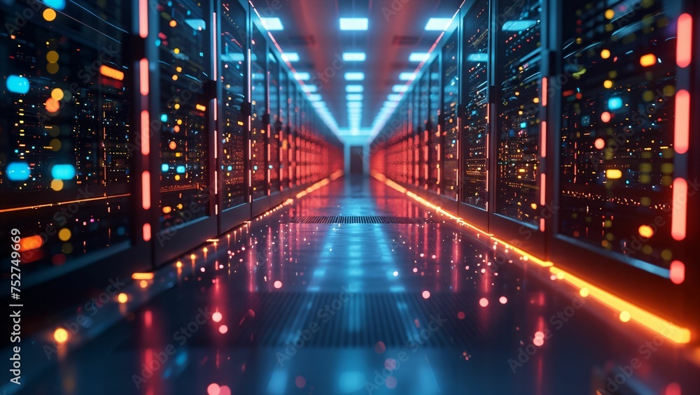 Sophisticated data center, servers glowing, hub of digital transformation, secure and vast Sophisticated data center, servers glowing, hub of digital transformation, secure and vast