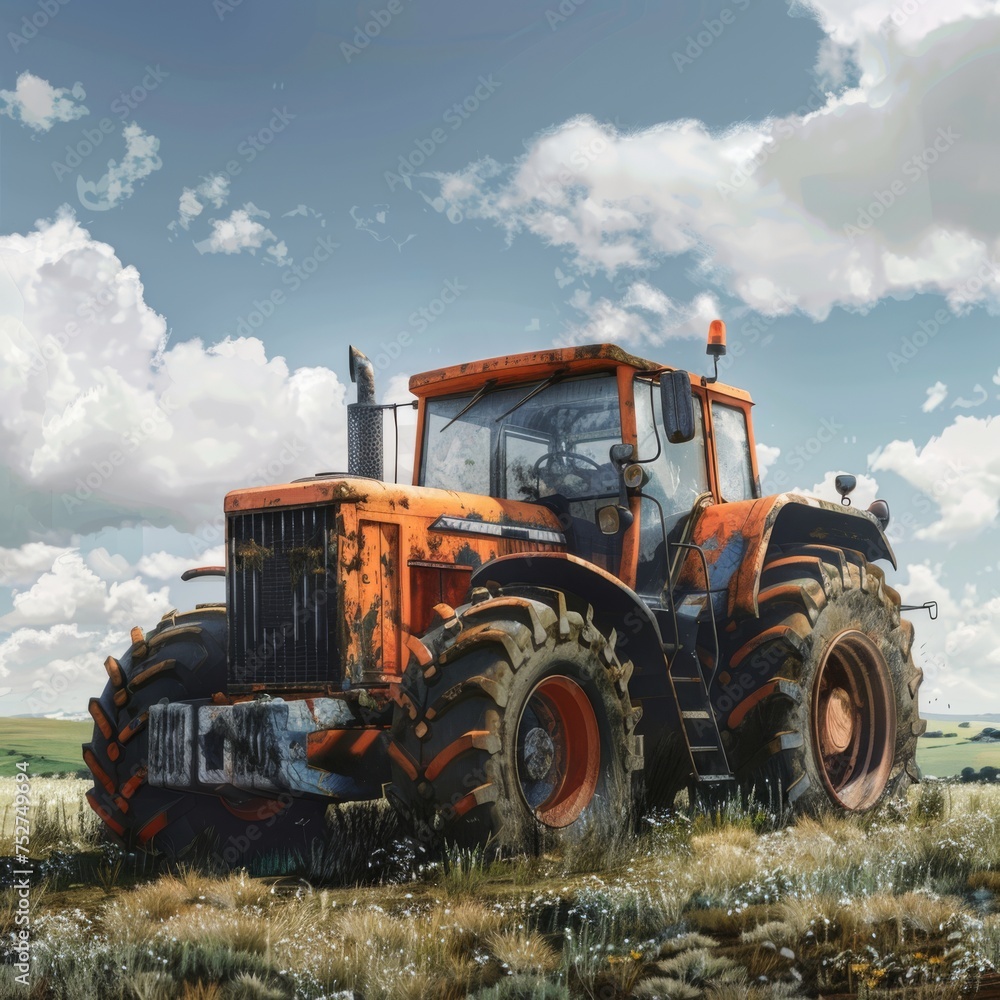 Obraz premium A charming watercolor illustration capturing the essence of a rustic tractor in idyllic countryside scenery