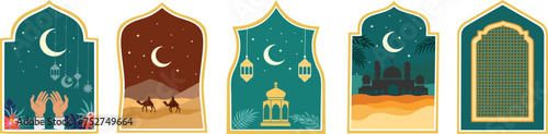 Ramadan Kareem Eid Mubarak Islamic greeting card template with ramadan for wallpaper design. Modern Islamic landscape crescent moon, mosque, star and lantern. Poster, media banner vector illustration.