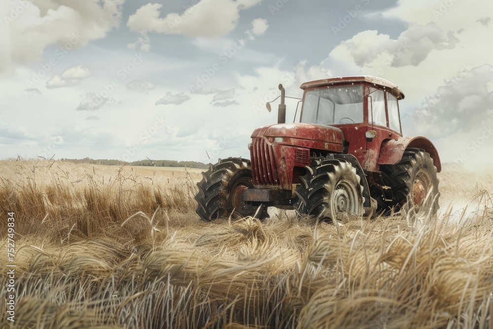 Fototapeta premium A charming watercolor illustration capturing the essence of a rustic tractor in idyllic countryside scenery 