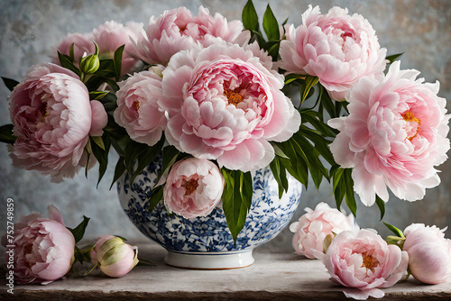 Alluring Peony Showcase: Soft Pink and White Blossoms with Delicate Ruffles © Ijaz