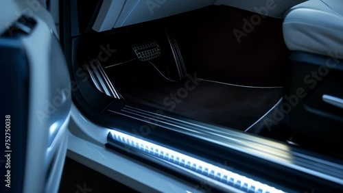 An angled shot of a car door being od highlighting the brushed aluminum door sill with LED lights in white creating a cly and upscale feel to the vehicles interior. photo