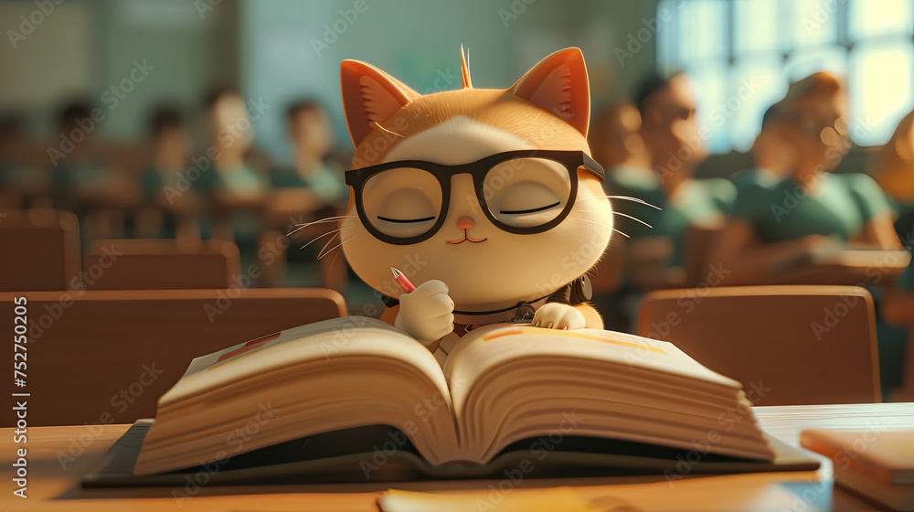 Cat student reading a book and studying in classroom. Cat student reading a book and studying in classroom.