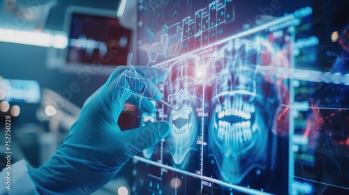 Dental treatment with Ai technology of Medical equipment on x-ray demonstrates digital screen, Ai generated for ads