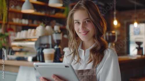 attractive happy woman smiling while use tablet at cafe, online lifestyle, Generative Ai