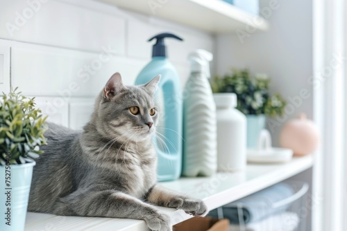 Gray cat sitting beside pet-safe floor cleaners on a bright windowsill. Spring cleaning concept. © evgenia_lo