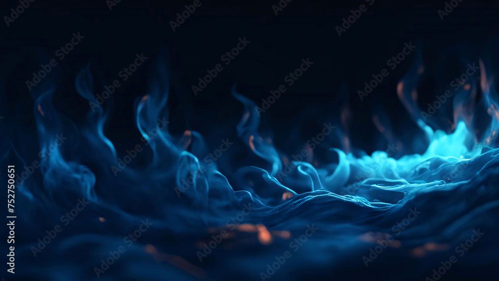 Blue fire flames isolated on black background. Generative AI.