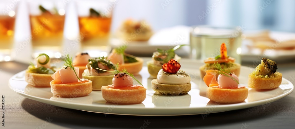 A special selection of luxurious canapés, appetizers served on white plates A special selection of luxurious canapés, appetizers served on white plates
