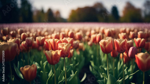 Colorful tulip flowers blooming in the field. Generative AI.