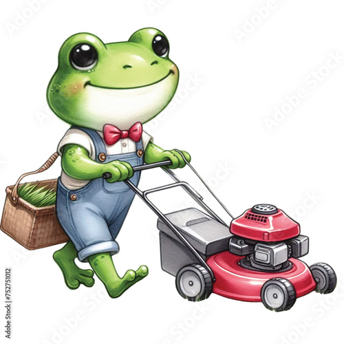 Cute frog driving a lawnmower lawn in front of the house