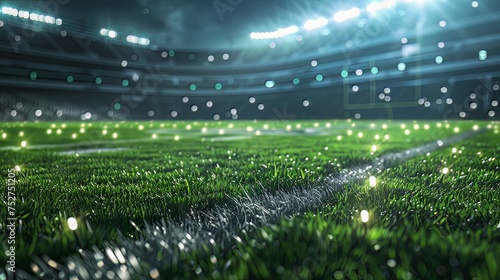 3D rendered American football arena with yellow goal posts, grass field, blurred fans, and flashing lights captures the essence of outdoor sports, championships, and games.  photo