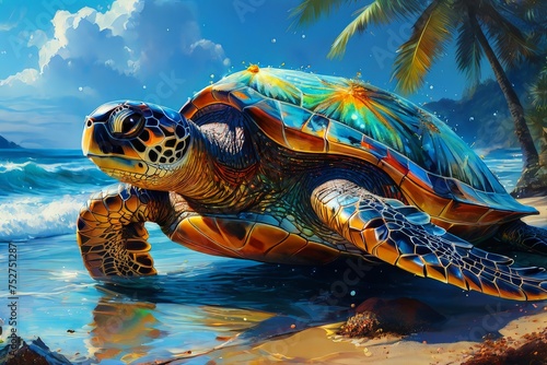 a Portrait of turtle, sea turtle peacefully floating