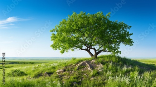 Solitary oak tree stands on lush green hill with clear blue skies, beautiful nature landscape scene