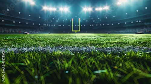 3D rendered American football arena with yellow goal posts, grass field, blurred fans, and flashing lights captures the essence of outdoor sports, championships, and games. 