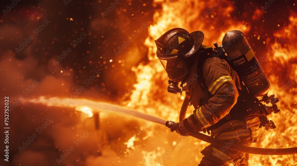 A firefighter, holding a water cannon leaps into the flames inside the house
A firefighter, holding a water cannon leaps into the flames inside the house
