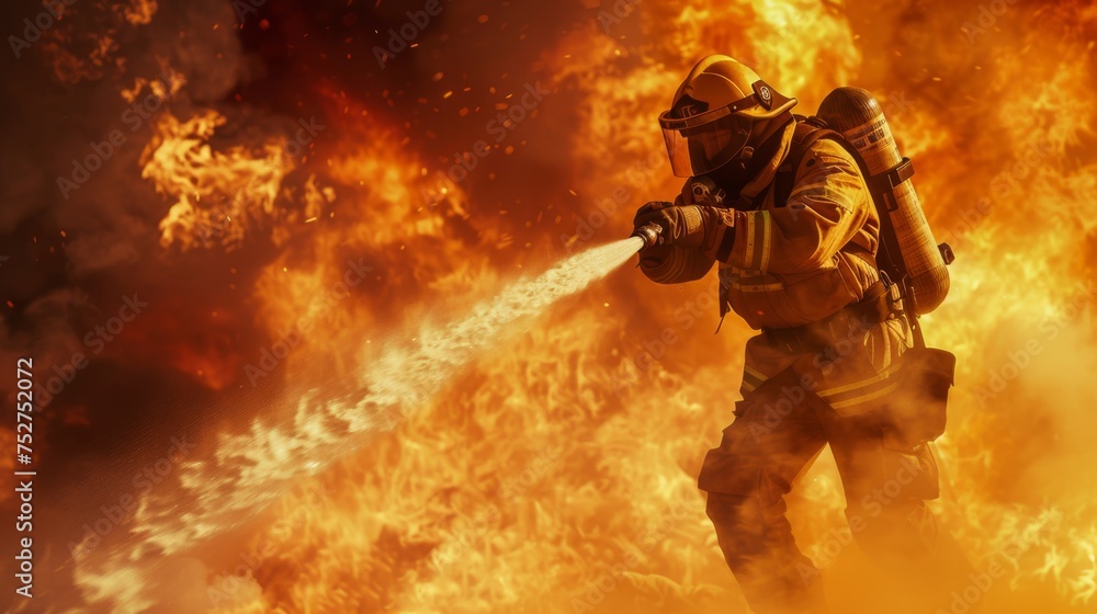 A firefighter, holding a water cannon leaps into the flames inside the house
A firefighter, holding a water cannon leaps into the flames inside the house