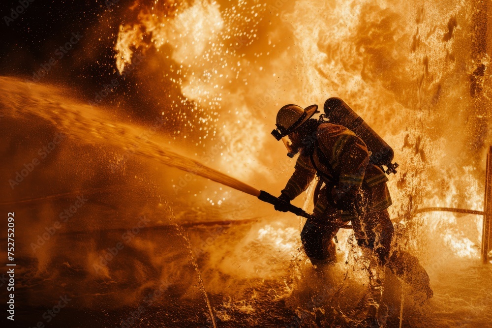 A firefighter, holding a water cannon leaps into the flames inside the house
A firefighter, holding a water cannon leaps into the flames inside the house