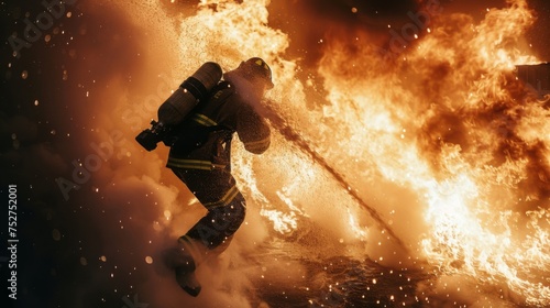 A firefighter, holding a water cannon leaps into the flames inside the house
