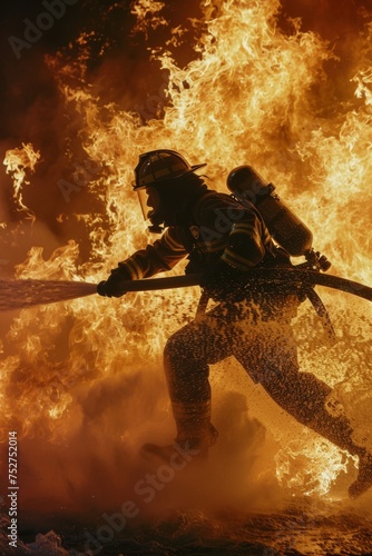 A firefighter  holding a water cannon leaps into the flames inside the house 