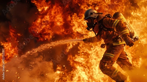 A firefighter, holding a water cannon leaps into the flames inside the house
 photo
