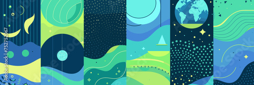 illustration of modern and eco-friendly Earth Day posters with geometric patterns and natural elements. 
