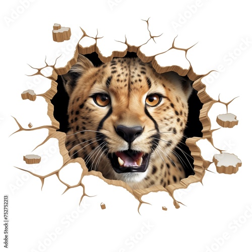 Cheetah breaks through the wall, transparent background Png file.