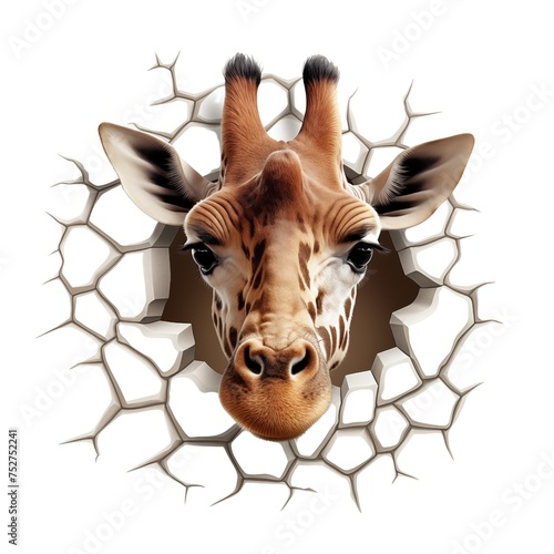 Giraffe breaks through the wall, transparent background Png file.