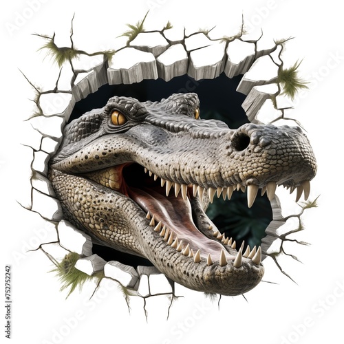 Crocodile breaks through the wall, transparent background Png file.