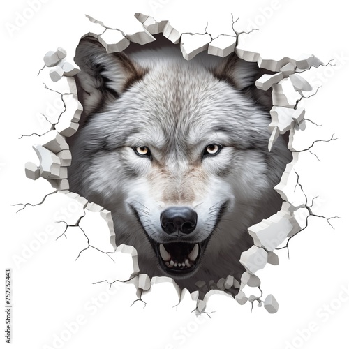 Wolf breaks through the wall, transparent background Png file.
