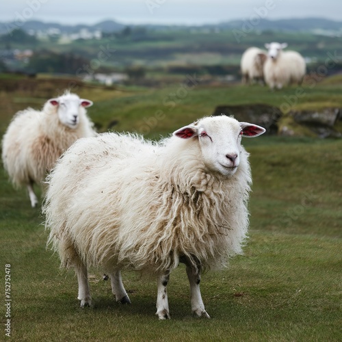 Fluffy white sheep in the grasslands of UK